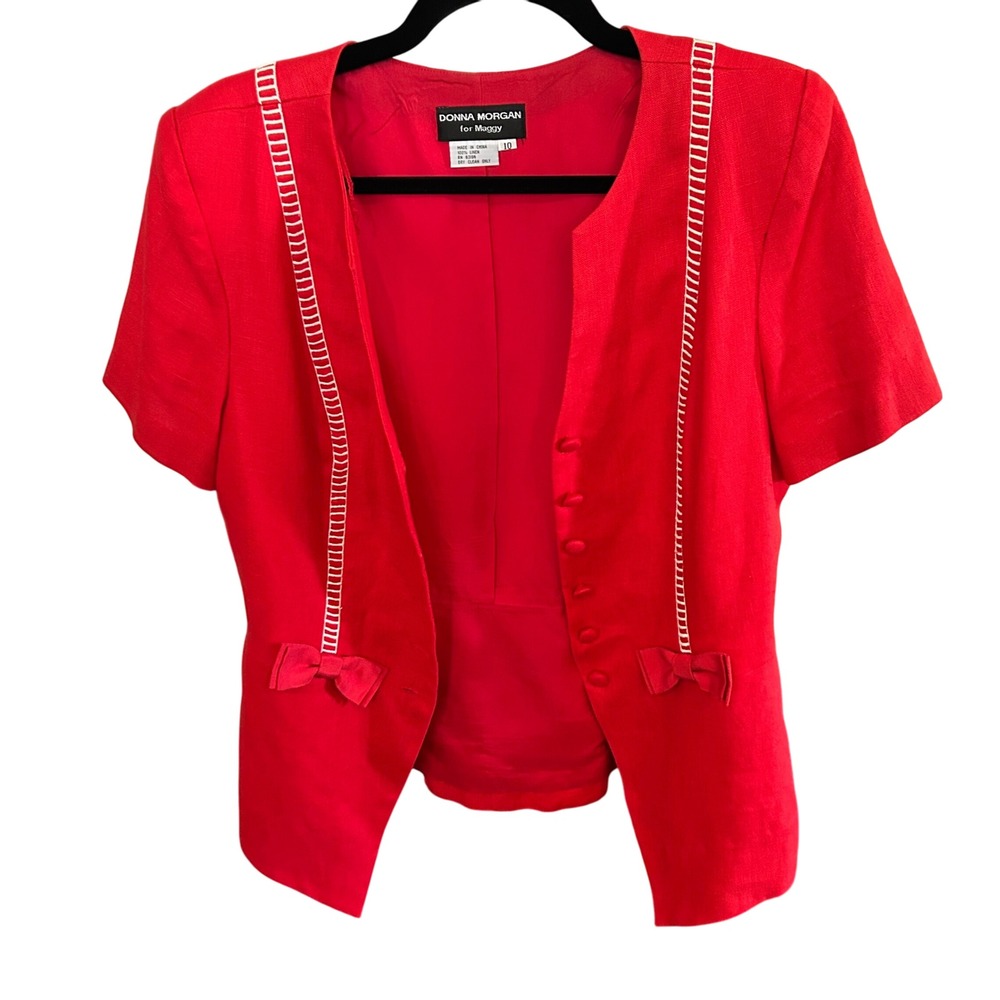 Donna Morgan Blazer Skirt Set Red Bow Trim Short‎ Sleeve Suit Size 10